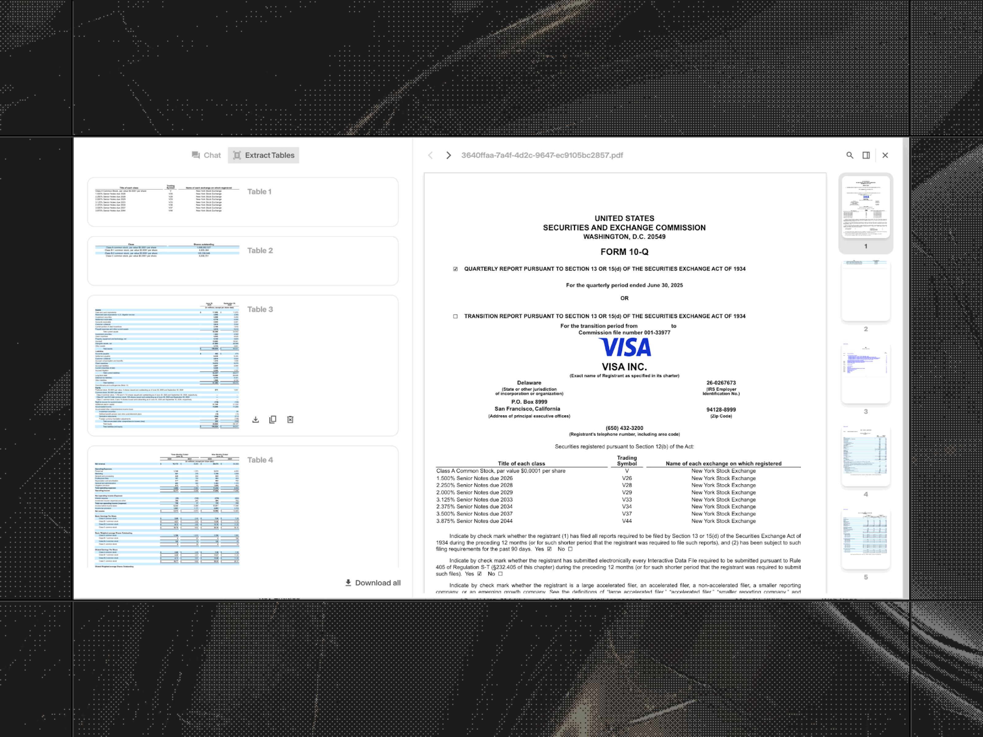 Hebbia automatically detects and extracts all quantitative tables from every file for instant Excel export.