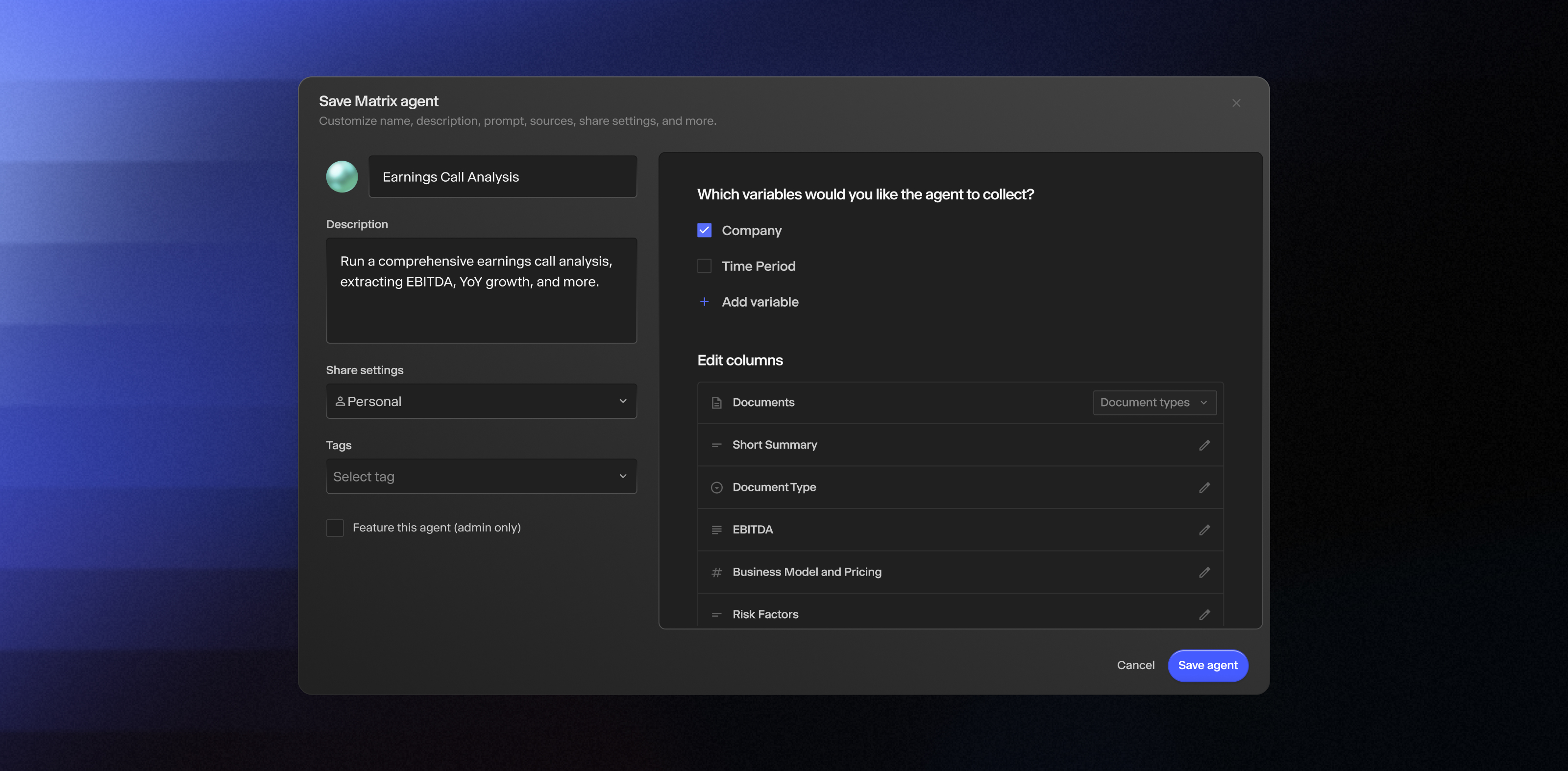 Image showing you can customize every aspect of a Matrix Agent in Hebbia, including requirements around which documents to upload. This flexibility helps you scale Agents across more teammates, so you can institutionalize your firm’s workflows.
