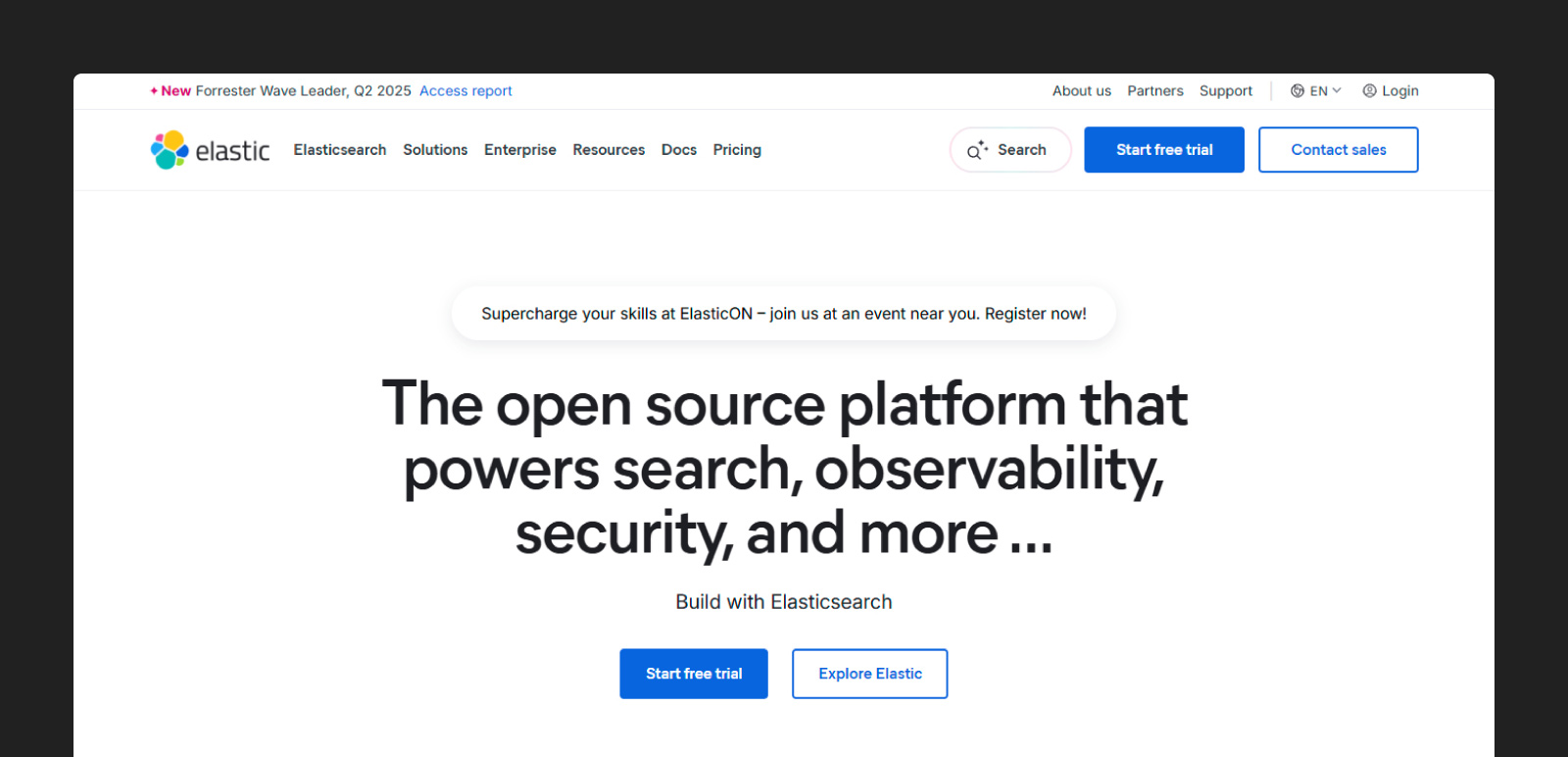Screenshot of the Elastic homepage 