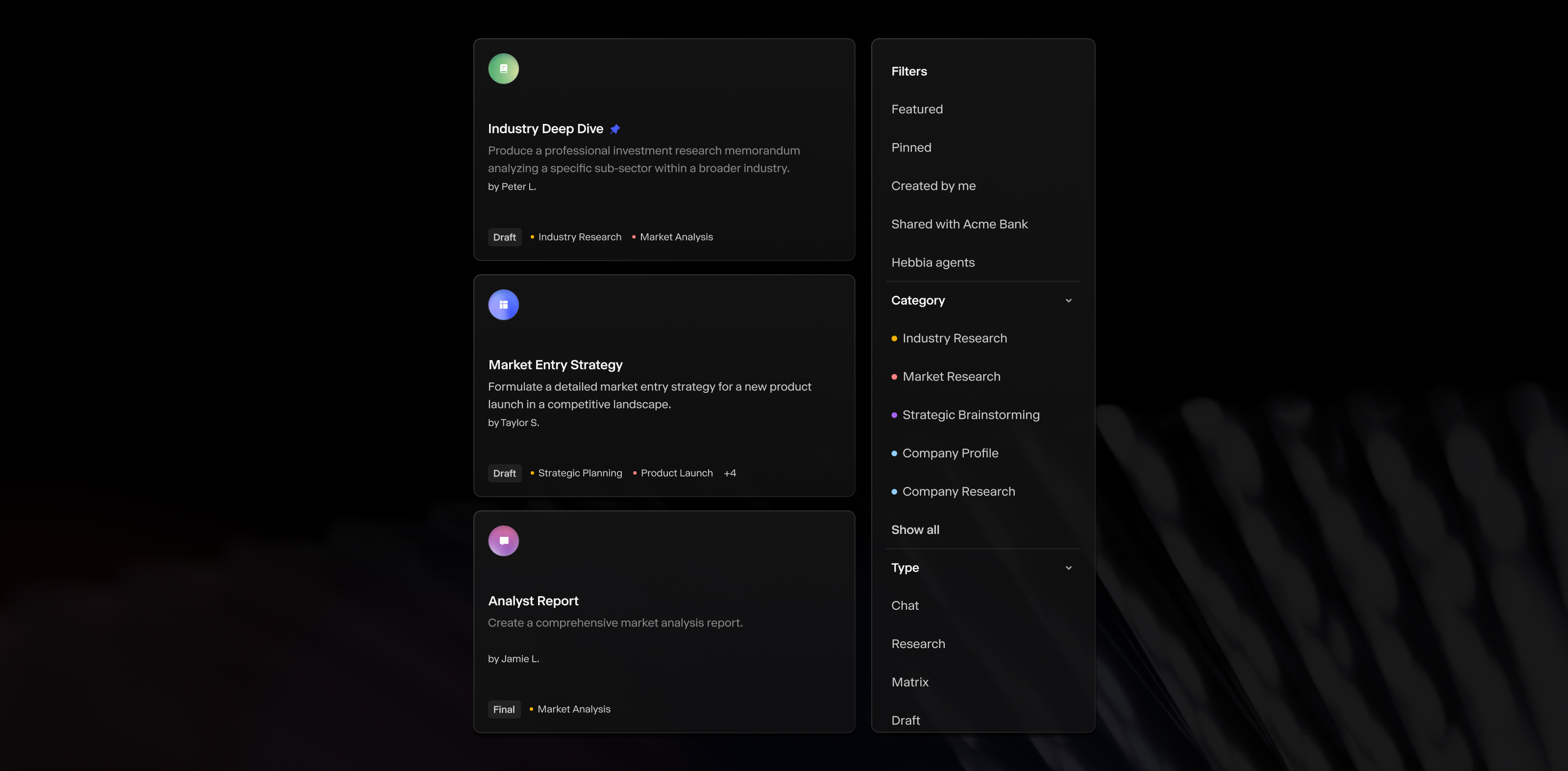 Find your agents faster when you tag them by use case, filter and sort by category or popularity, and pin your most-used agents to the sidebar for one-click access.
