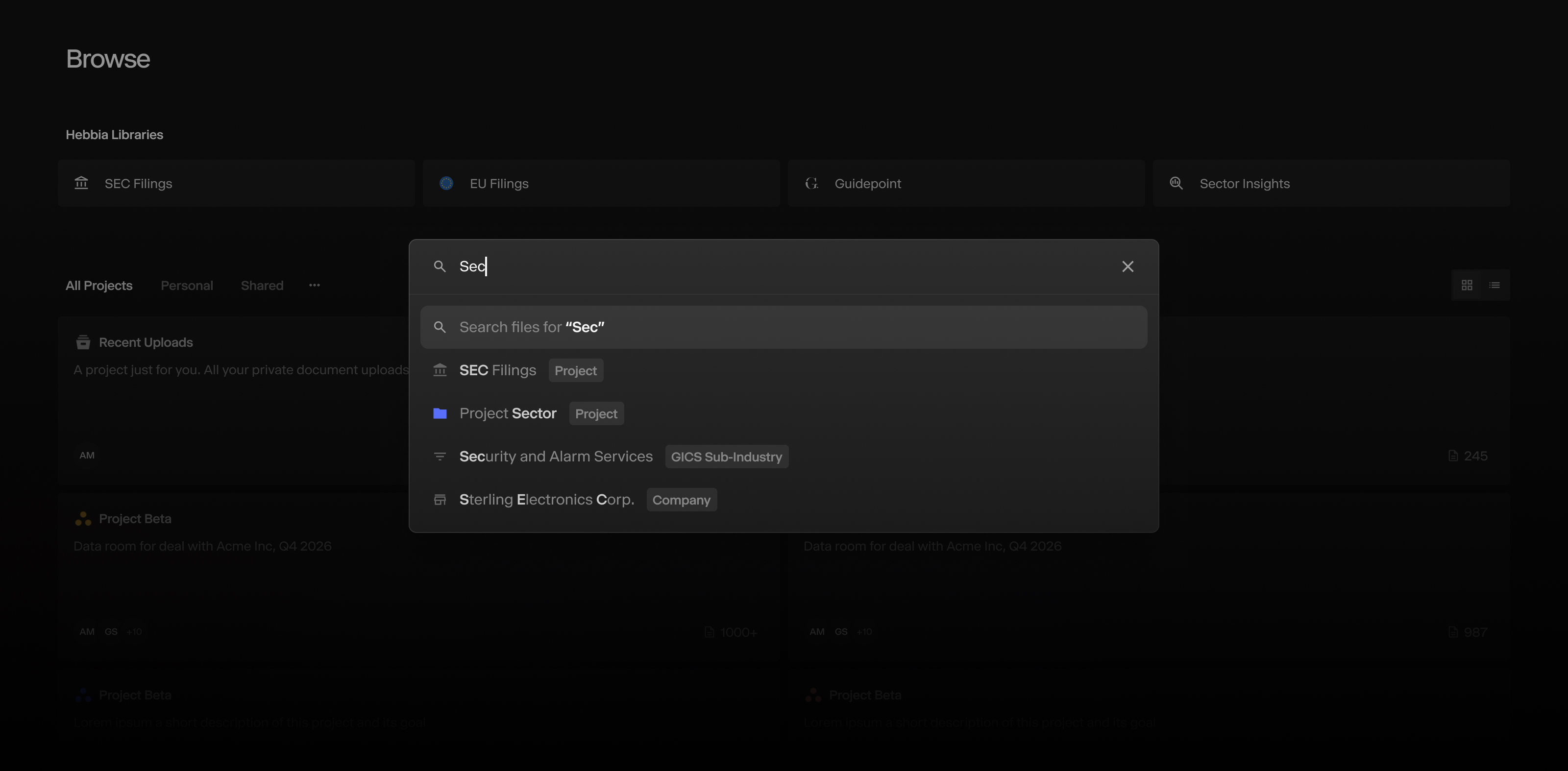 Get suggestions of what to search for as you type in the Browse navigation bar so you can quickly find the documents you need rather than clicking through all of your public and private data sources.

