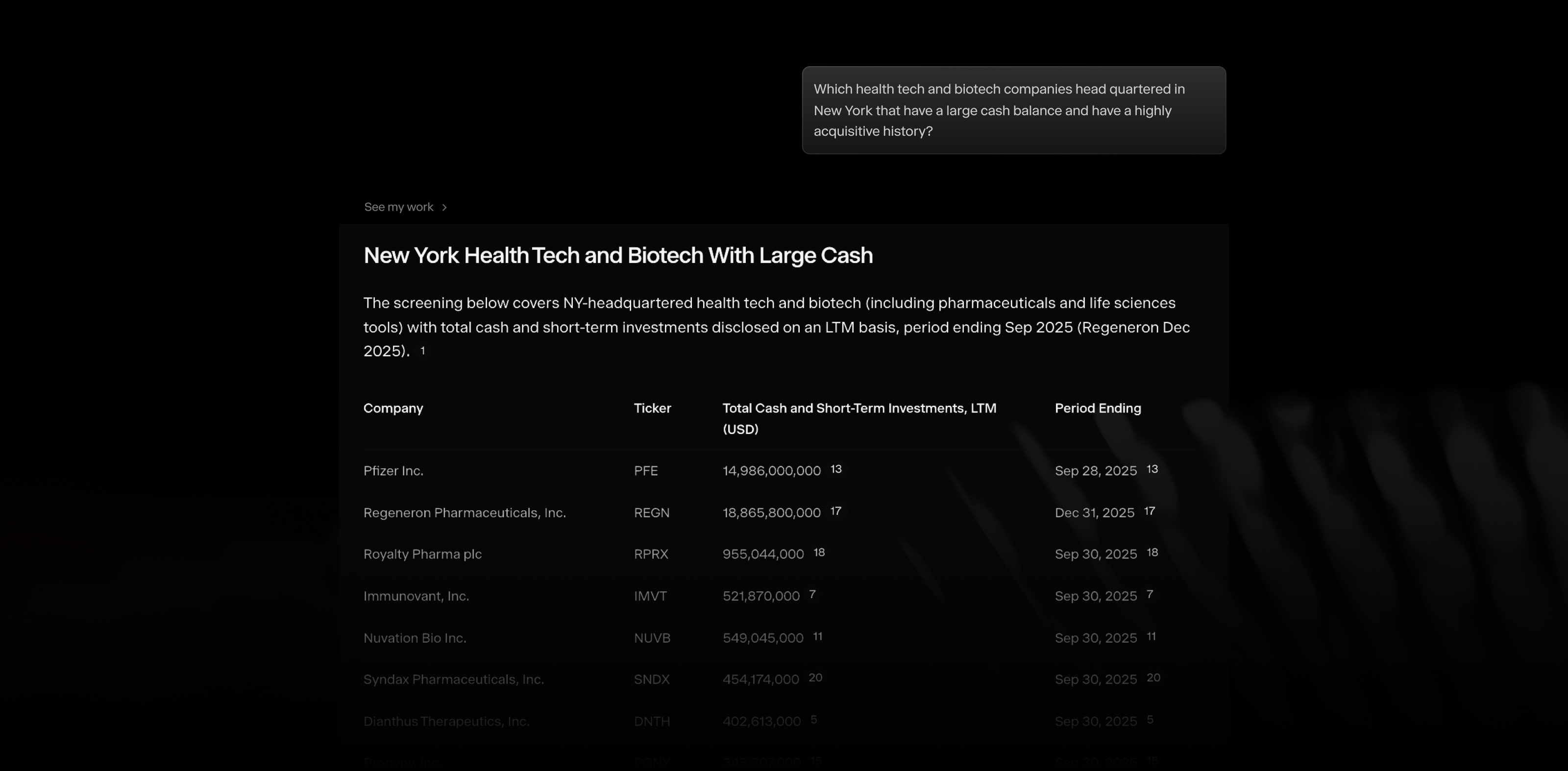 AI screening for public companies

With Hebbia, you can screen public companies by location, growth trajectory, sub-industry, and financials—all in a chat prompt. Ideal for building target lists, sourcing deals, or scoping buyer universes.
